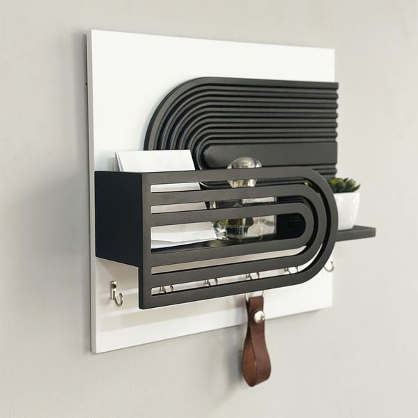 Designer key holder with shelf in black and white