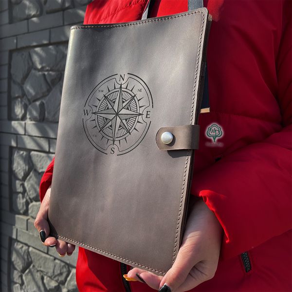 Leather document folder with "Compass Rose" engraving