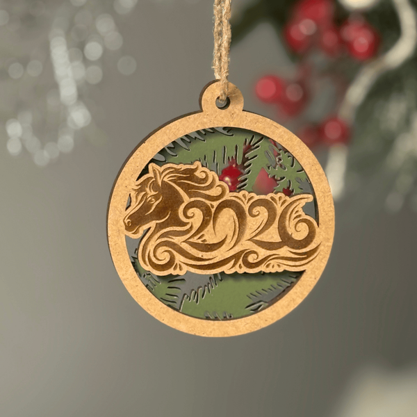 New Year's wooden toy for a Christmas tree with a horse