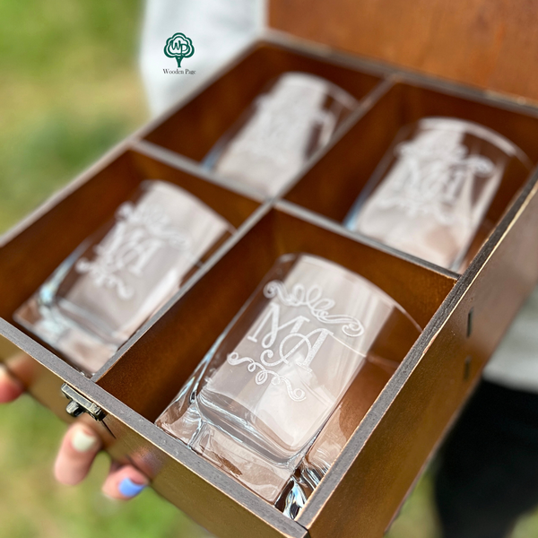 Engraved whiskey glass set in box