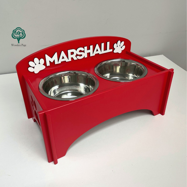 Dog bowls for the kitchen on a wooden stand