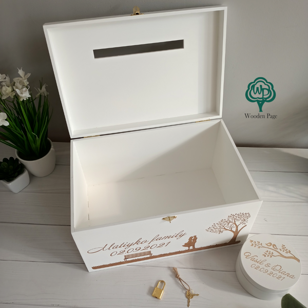 Wedding set: chest for money and box for rings with engraving