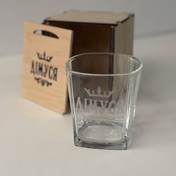 Whiskey glass in a wooden box