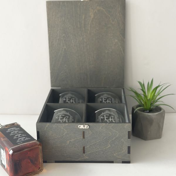 A gift set of whiskey glasses with an inscription