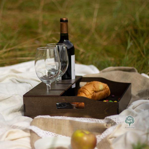 Wooden wine tray for glasses and bottles