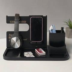 Desktop organizer with logo in black