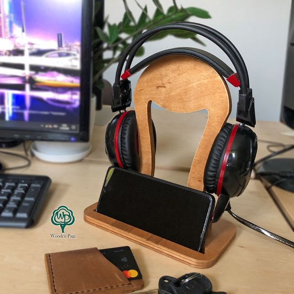 Desktop stand made of wood for phone and headphones