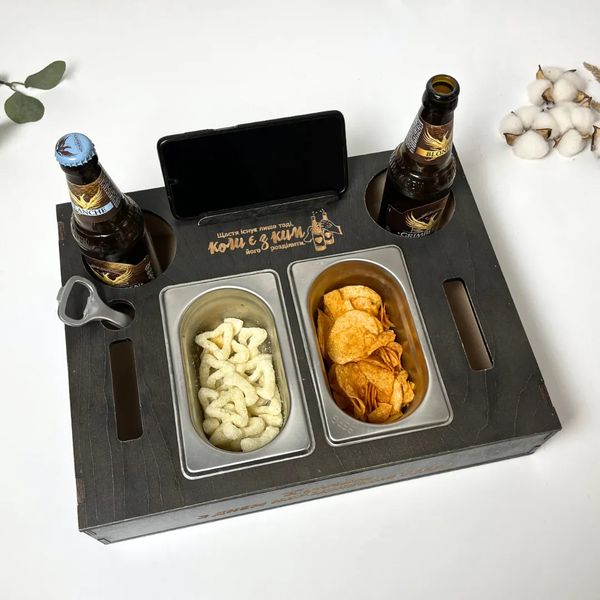Stand for beer and snacks with containers, gift for husband