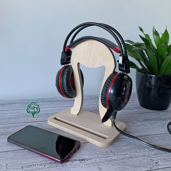 Desktop stand for headphones and phone made of wood