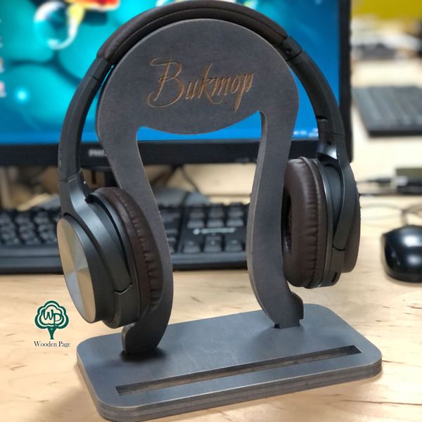 Stand for mobile phone and headphones with name