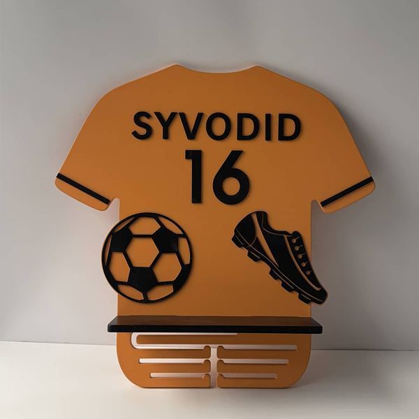 A shelf for football player awards and medals with a number