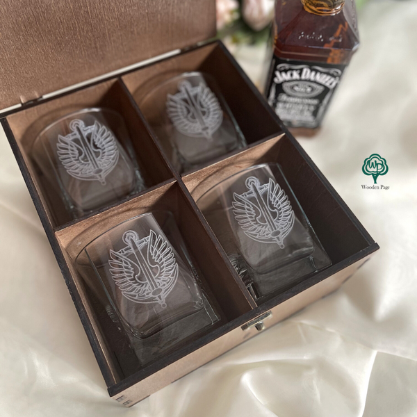 Set of glasses with engraving in a wooden box