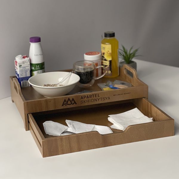 Wooden tray with handles and pull-out drawer with your logo