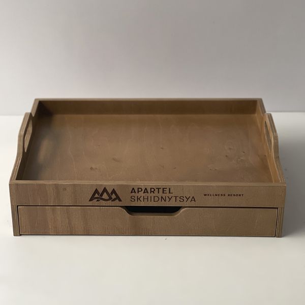 Wooden tray with handles and pull-out drawer with your logo