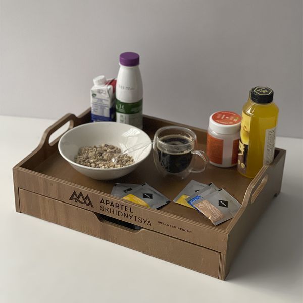 Wooden tray with handles and pull-out drawer with your logo