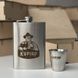 Set of flask with glasses in a wooden box with a logo