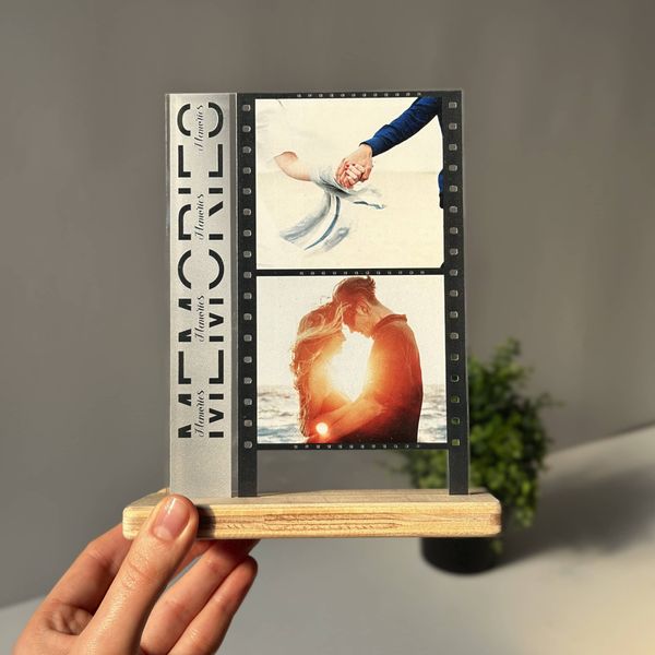 Acrylic photo frame with photo printing on a wooden stand for 2 photos