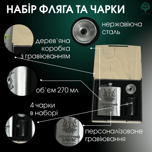 Подарочный набор с флягой и рюмками в деревянной коробке