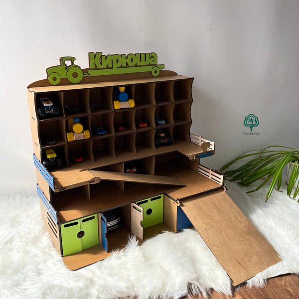 Wooden garage for cars as a gift for a boy