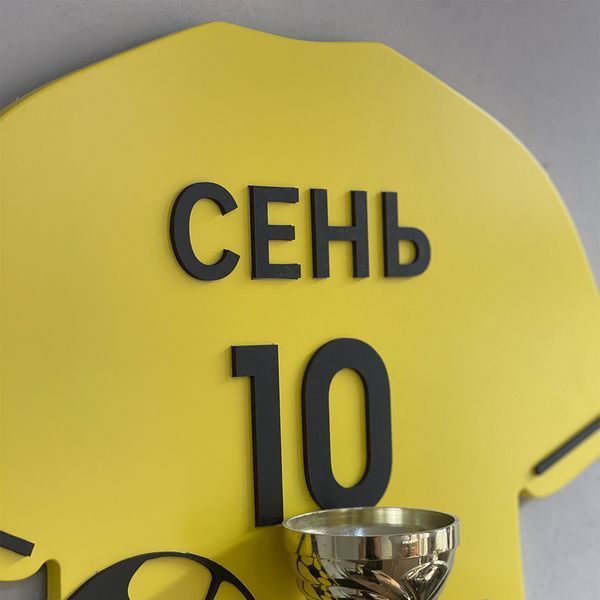 Shelf for football player awards with number and last name