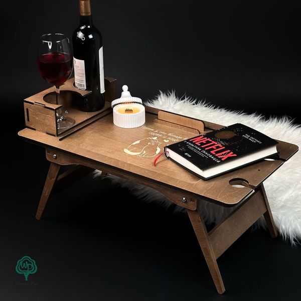 Table for wine and breakfast in bed with engraving
