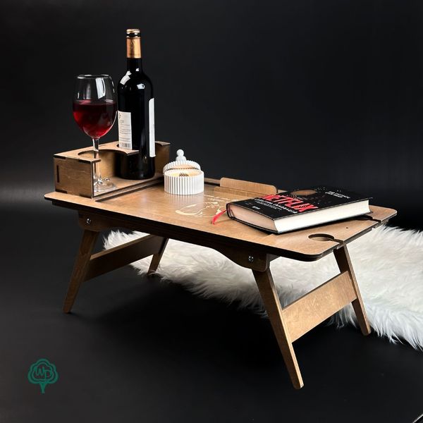 Table for wine and breakfast in bed with engraving