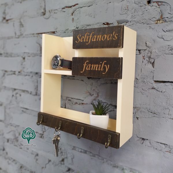 Wooden shelf with family name in the hallway