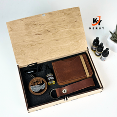 Gift set for dad in a car with leather accessories