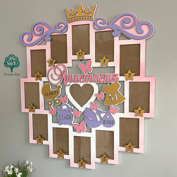 Wall metric with 12 photo frames, gift for a girl