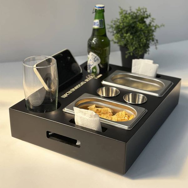 Beer tray with containers for sauces and goodies