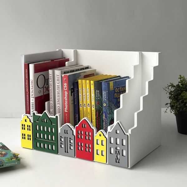 Children's desktop book organizer with 3 sections