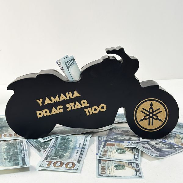 Interior piggy bank in the shape of a motorcycle with double engraving