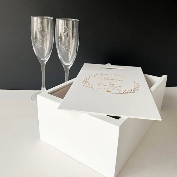 Wedding champagne glasses in a wooden box