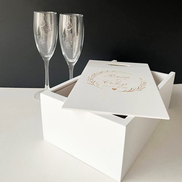 Wedding champagne glasses in a wooden box